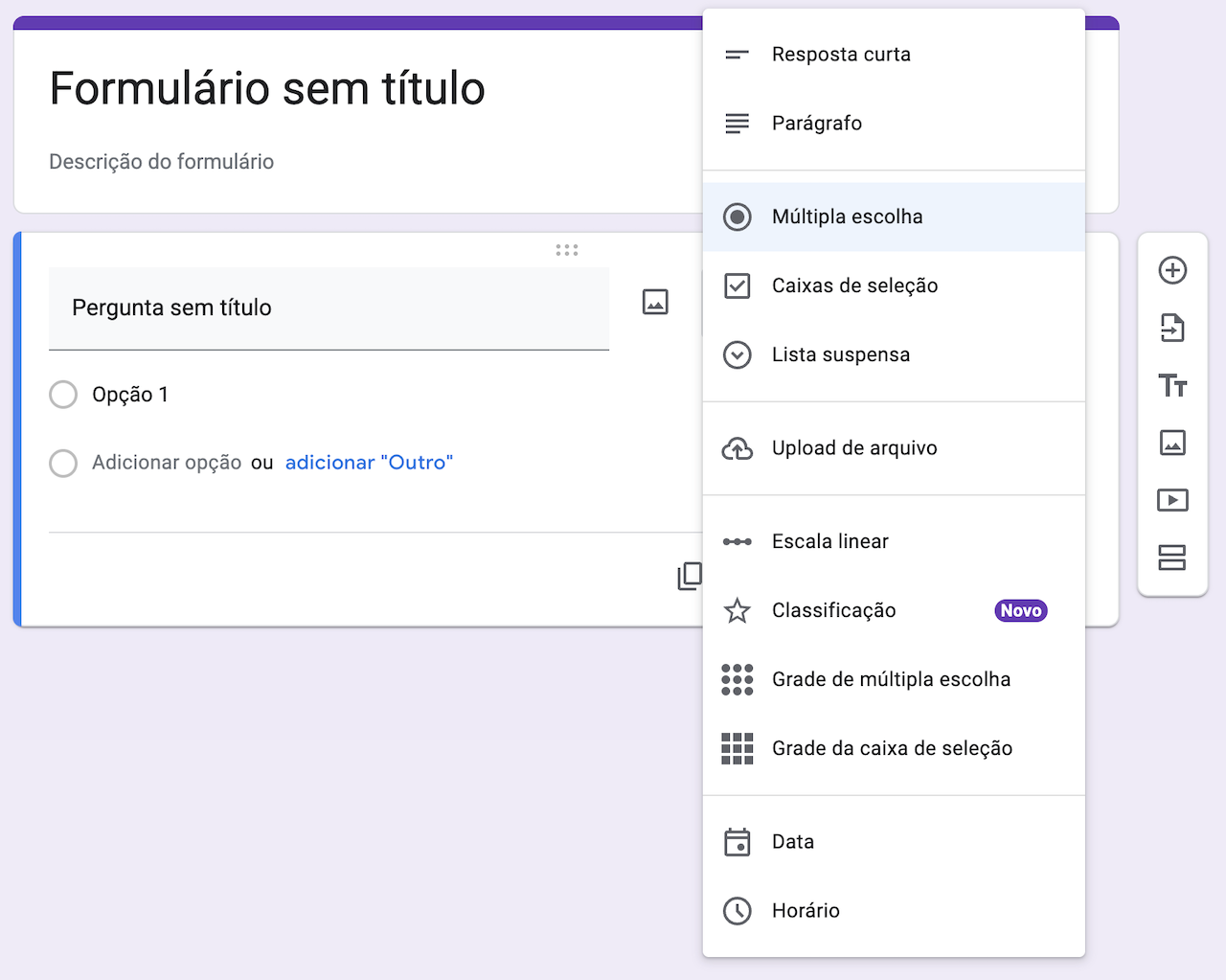 Formulário no Formulários Google, visualização da lista de tipos de perguntas