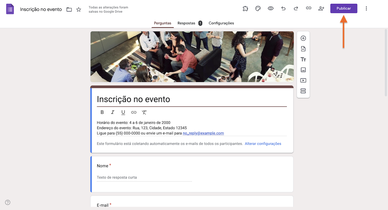 Clicando no botão Publicar no formulário no Formulários Google