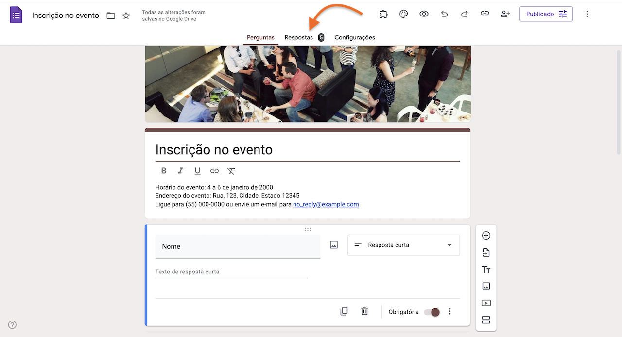 Clicando na aba de Respostas do Formulários Google