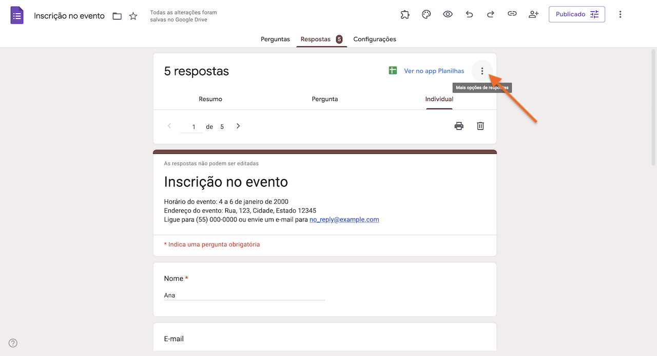 Clicando nos três pontos na aba de Respostas do Formulários Google
