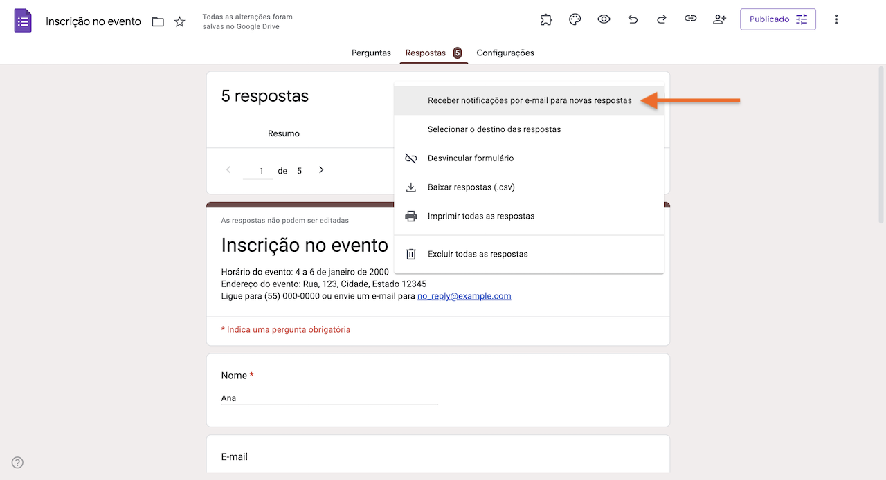 Clicando em "Receber notificações por e-mail para novas respostas" na aba de Respostas do Formulários Google