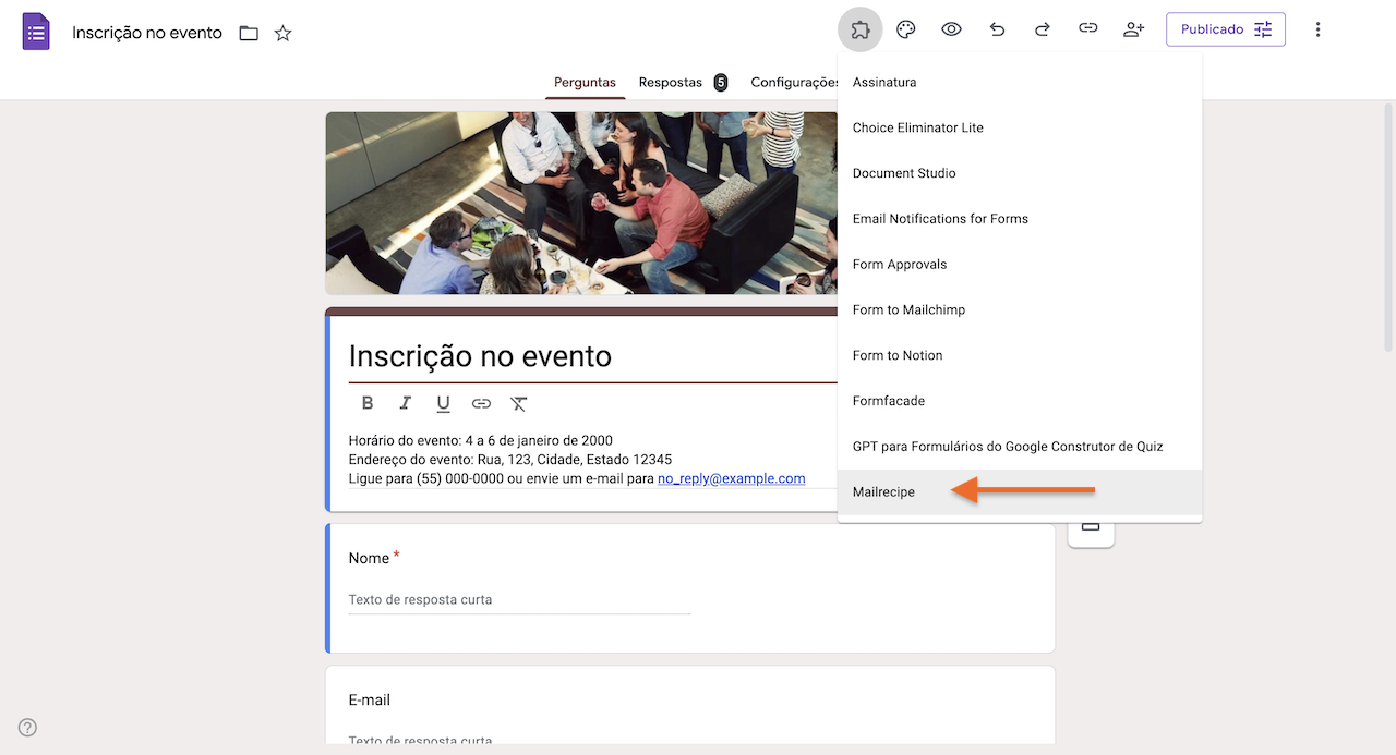 Captura de tela dos complementos no Formulários Google já instalados