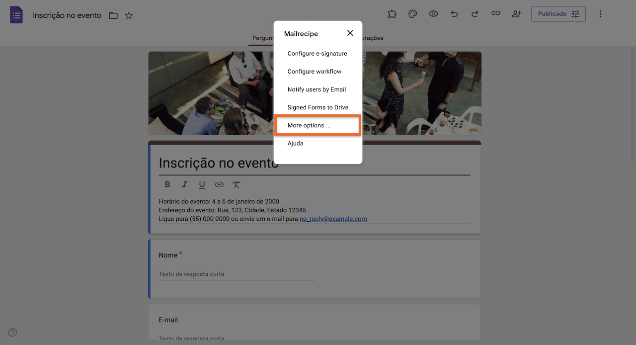 Captura de tela do menu do Mailrecipe Há uma caixa ao redor de "More options