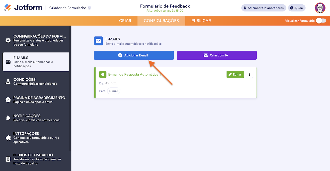 Captura de tela do menu de configurações do formulário Jotform