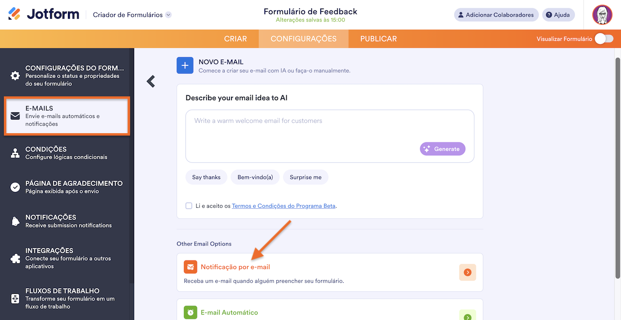 Captura de tela do menu de configurações de formulário Jotform
