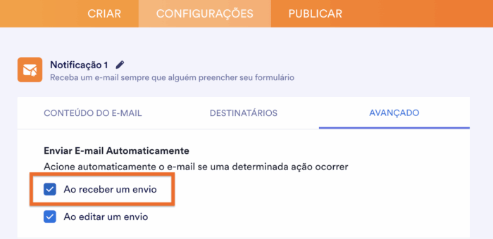 Captura de tela do menu de configurações da notificações por e-mail da Jotform