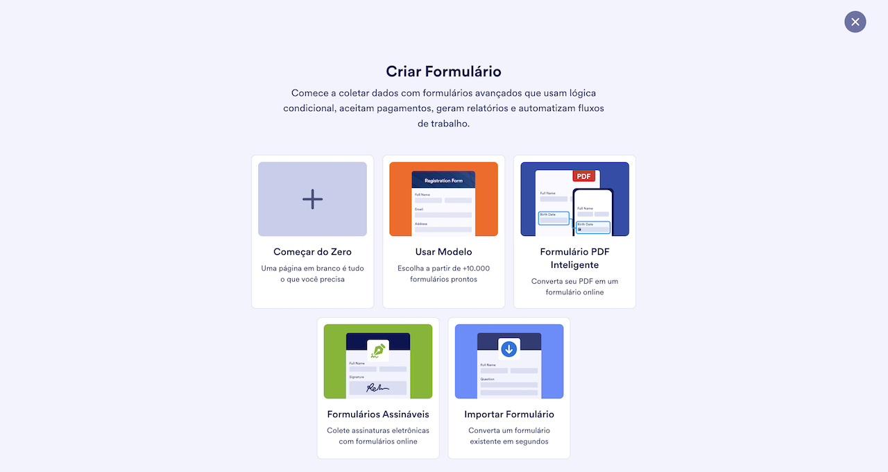 Interface mostrando opções para criar um formulário: 'Começar do Zero', 'Usar Modelo', 'Formulário PDF Inteligente', 'Importar Formulário' e 'Formulários Assináveis'