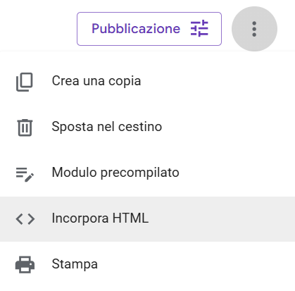 Screenshot che mostra il pulsante Incorpora HTML su Google Forms