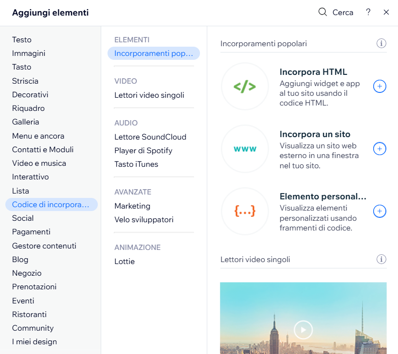 Screenshot del menu "Aggiungi Elementi" in Wix con le opzioni “Codice di incorporamento” attualmente visualizzate