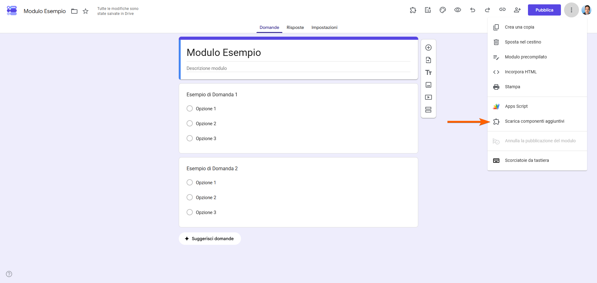 Cliccare sull'opzione Ottieni componenti aggiuntivi su Google Forms