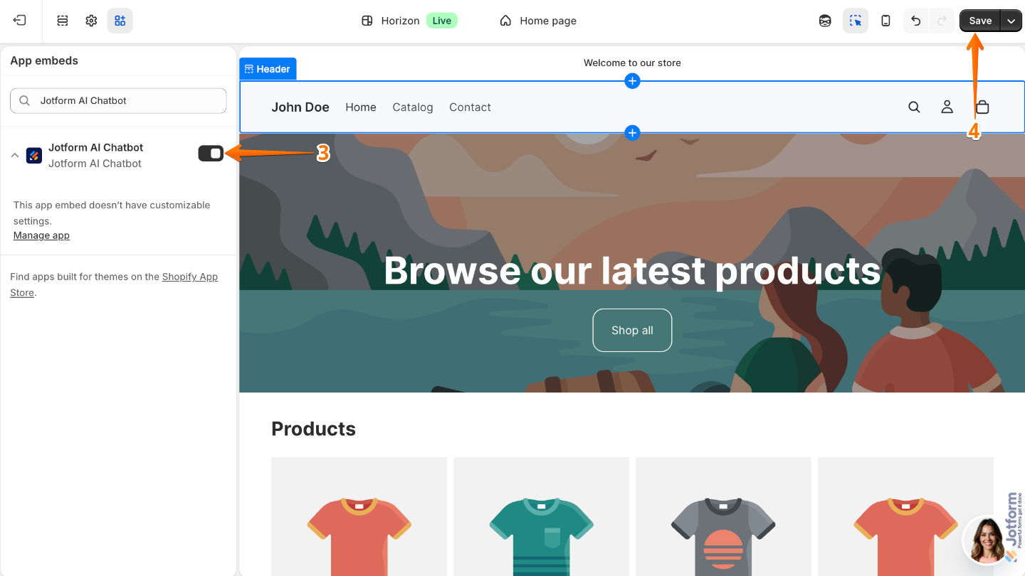 Shopify Online Store Editor showing the App Embeds menu with Jotform AI Chatbot toggle enabled and Save button in the top-right corner