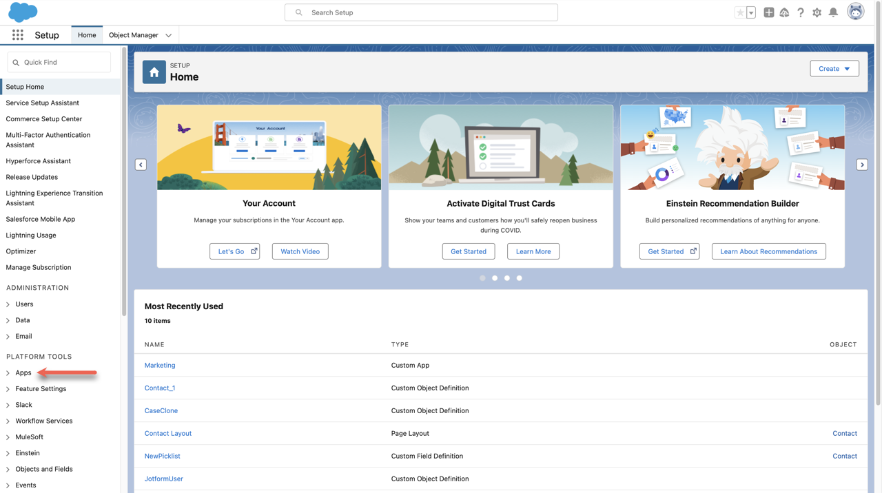 Salesforce screen, arrow pointing to "Apps" in Platform Tools