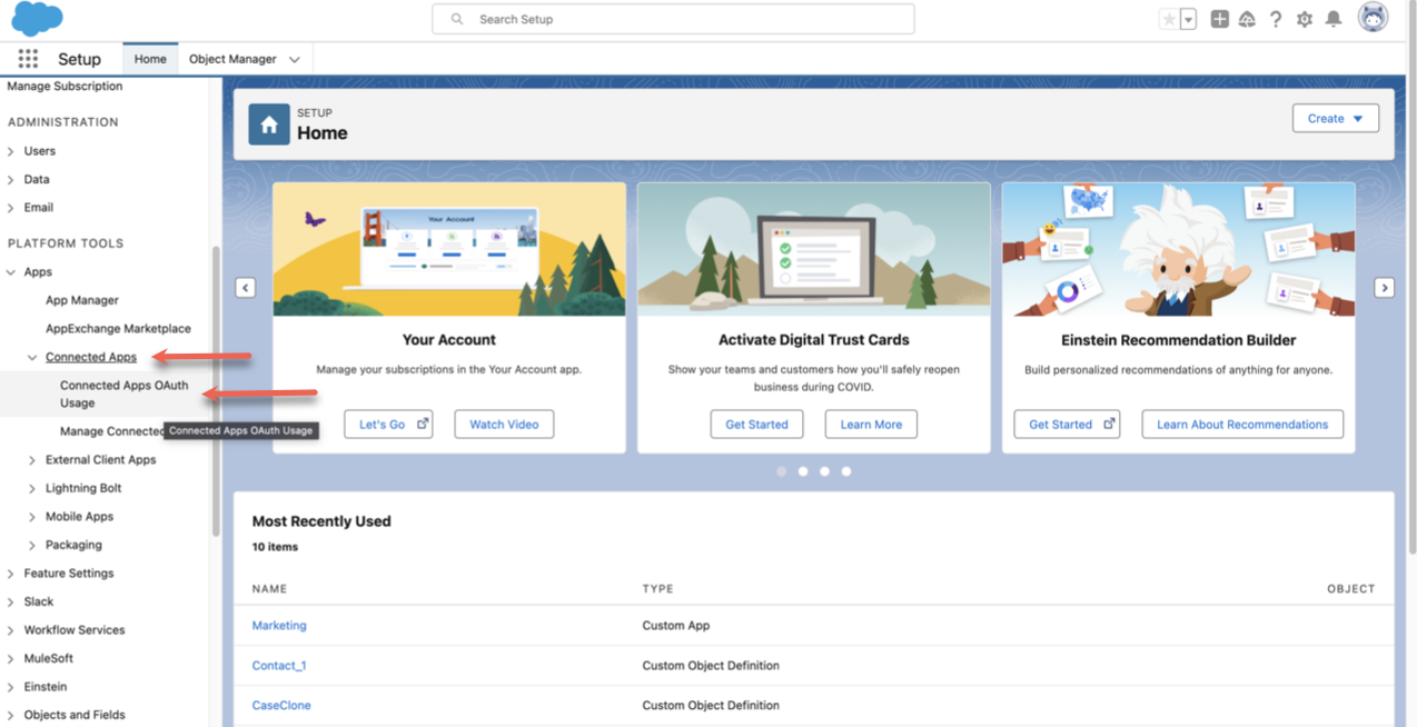 Salesforce screen, arrows pointing to "Connected Apps" and "Connected Apps 0Auth Usage" in the "Apps" menu
