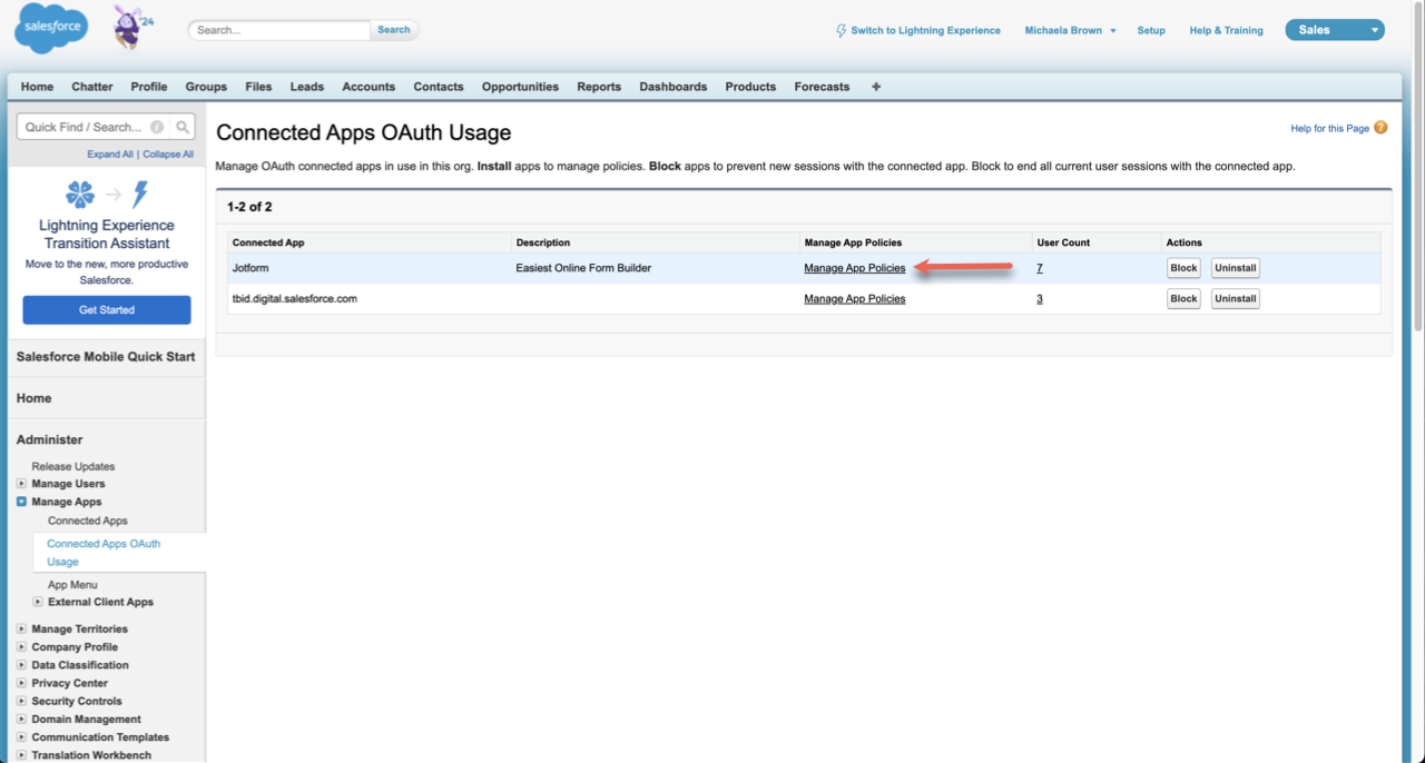 Salesforce screenshot, showing Connected Apps 0Auth Usage, arrow pointing to Jotform under "Manage App Policies"