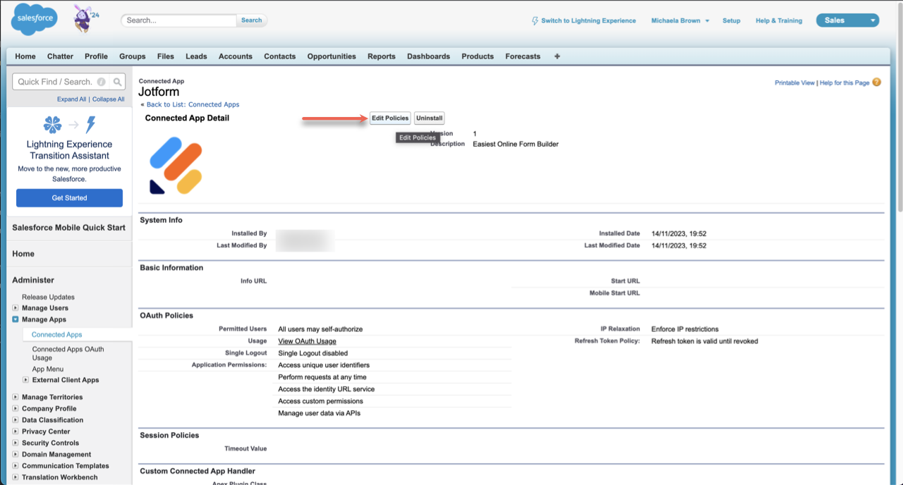 Jotform edit screen in Salesforce, arrow pointing to "Edit Policies"