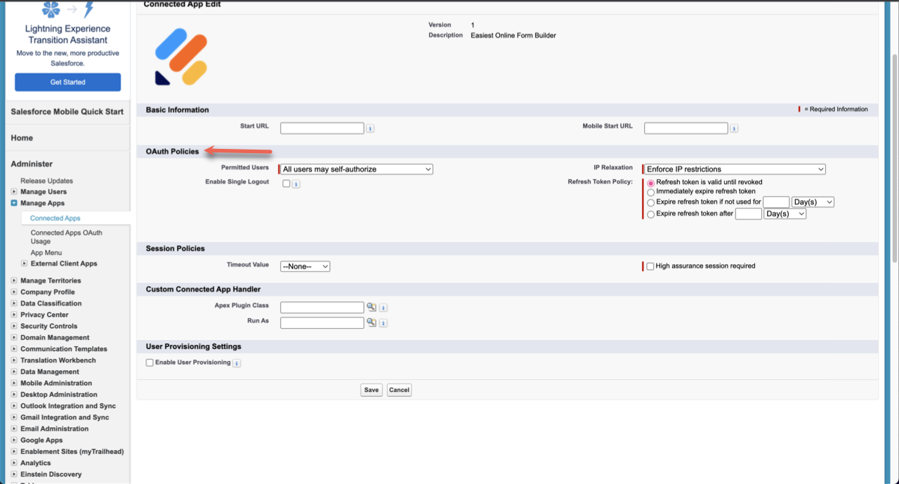 Jotform policies screen, arrow pointing to 0Auth Policies