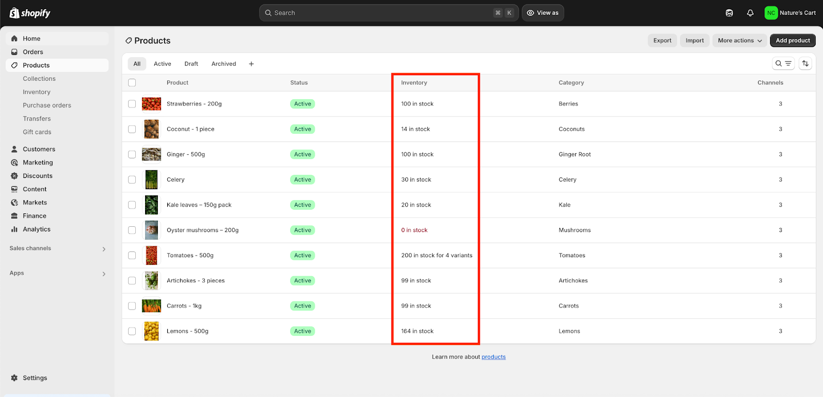 Viewing the Inventory Information under the Products Page on Shopify