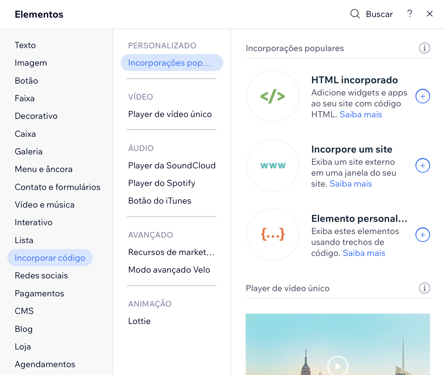 Captura de tela do menu "Elementos" no Wix com as opções de "Incorporar código" exibidas