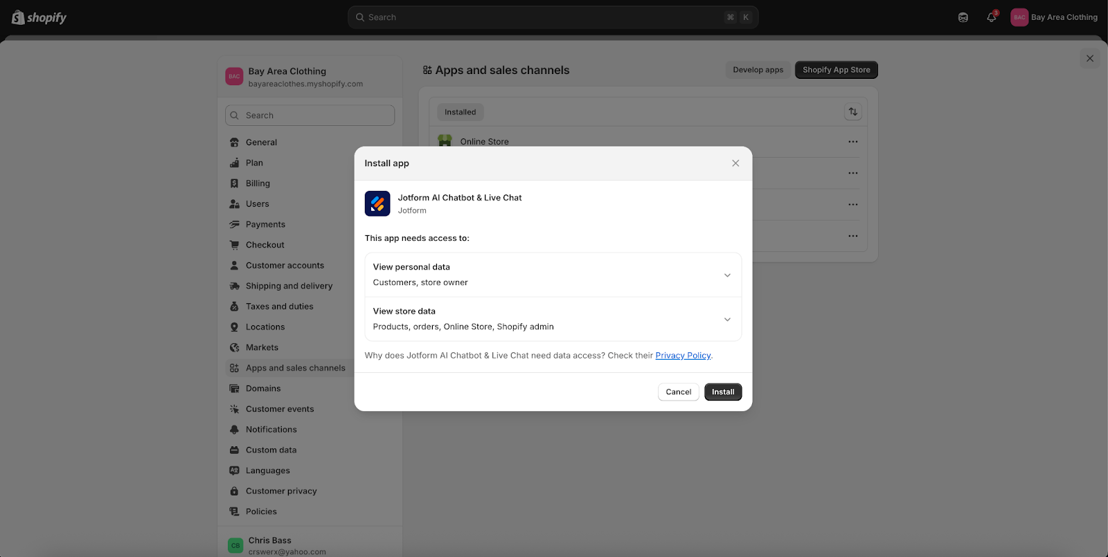 Clicking on the Install button on the Install app window