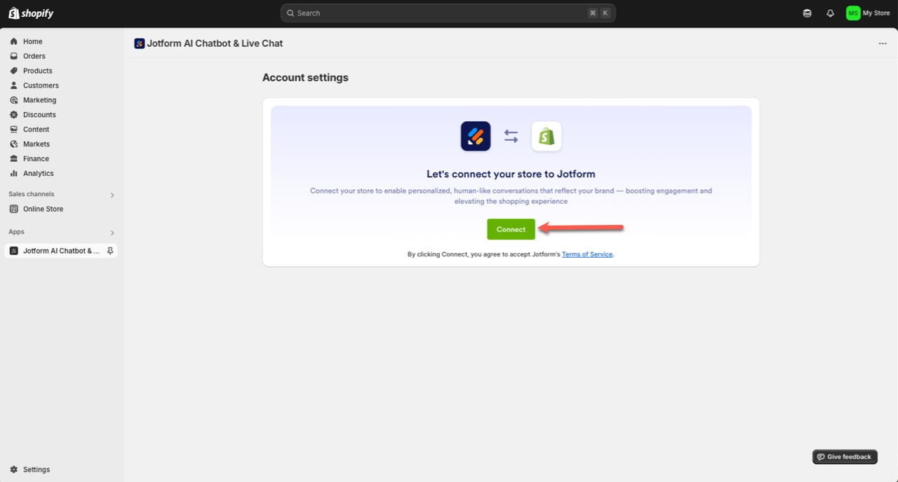 Clicking on the Connect button on the Jotform AI Chatbot & Live Chat Account settings page