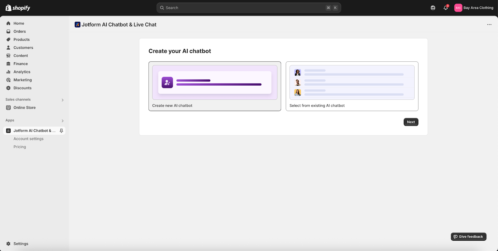 Selecting Create new AI chatbot option on the Create your AI chatbot page on Jotform AI Chatbot page on Shopify
