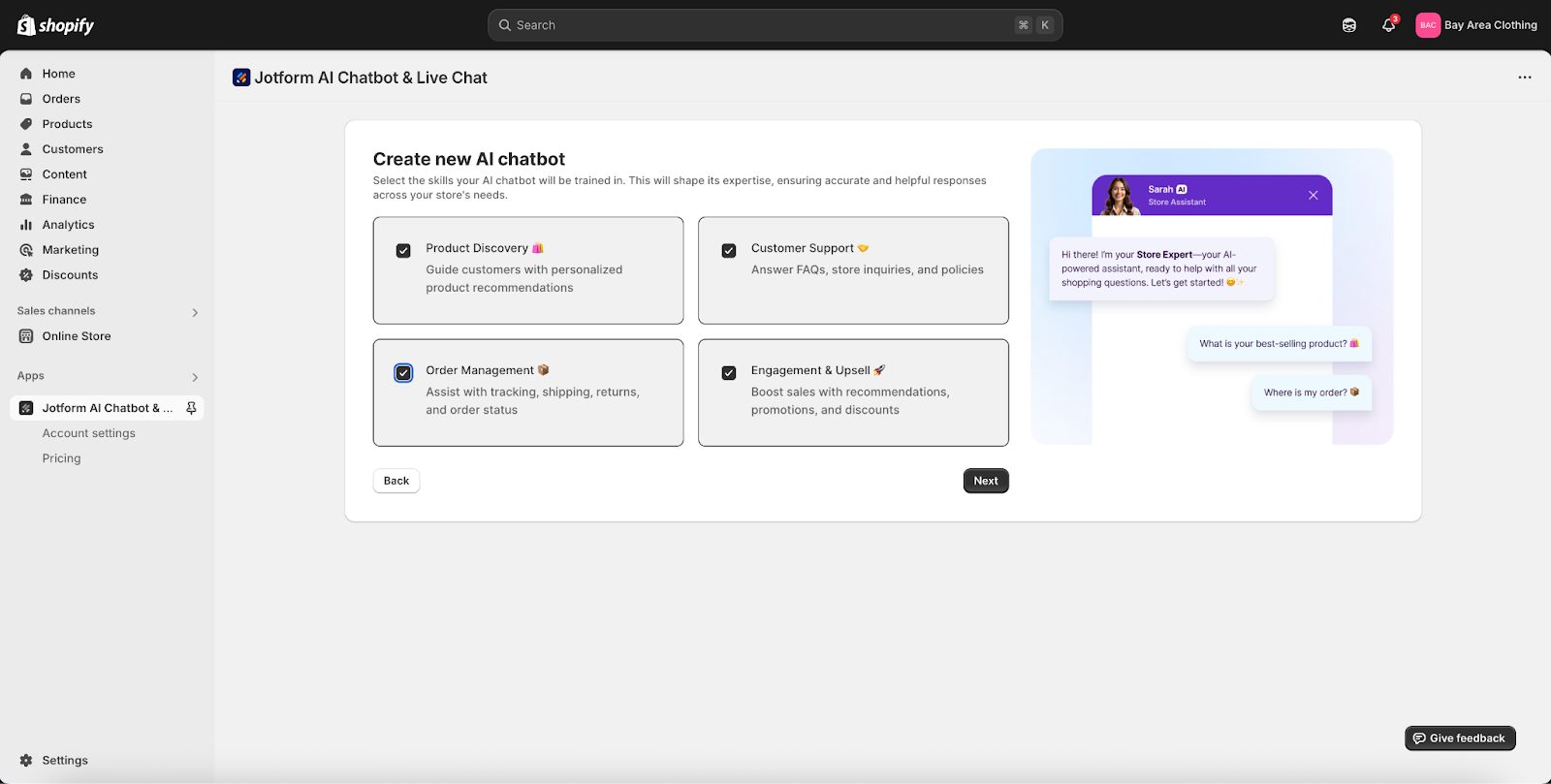 Choosing the areas of expertise on the Create new AI chatbot on Jotform AI Chatbot page on Shopify