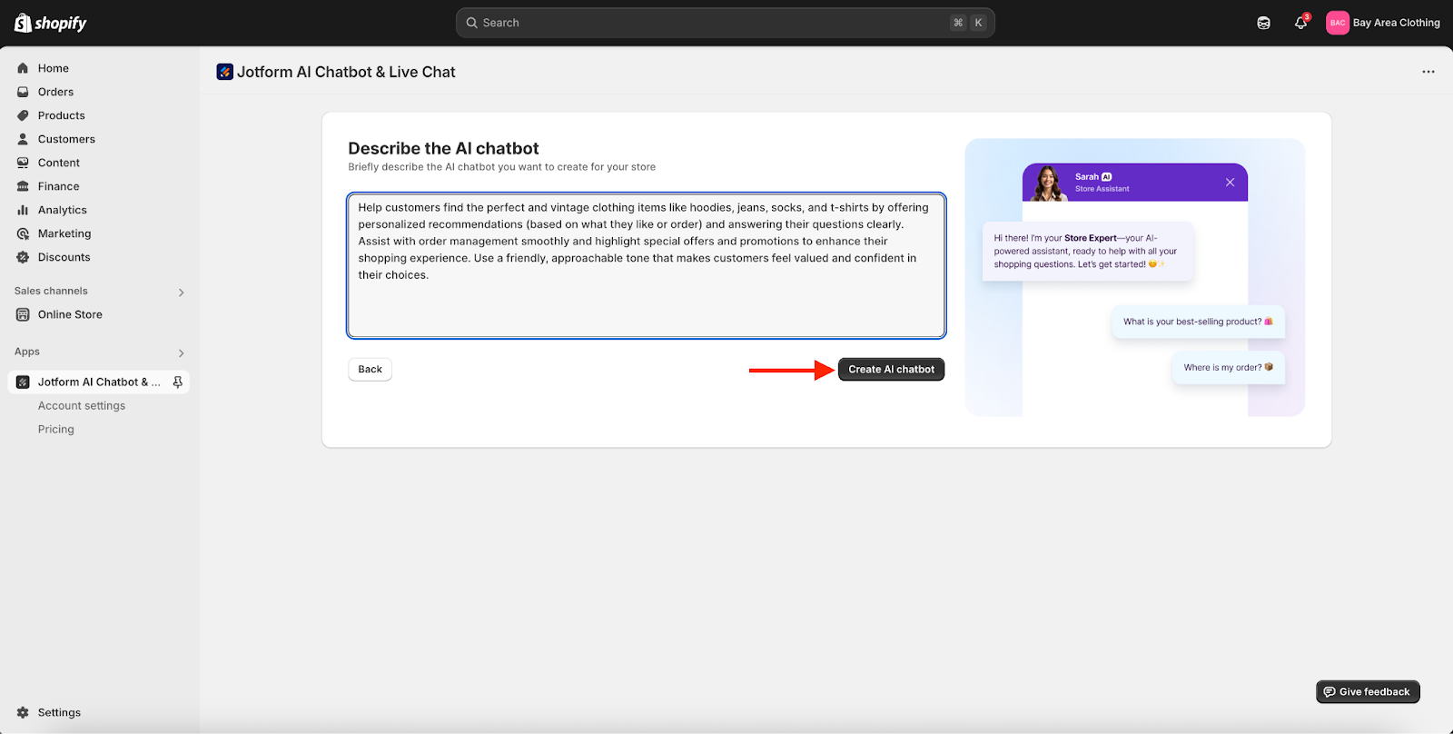 Clicking on Create AI chatbot on the Describe the AI chatbot page on Jotform AI Chatbot page on Shopify