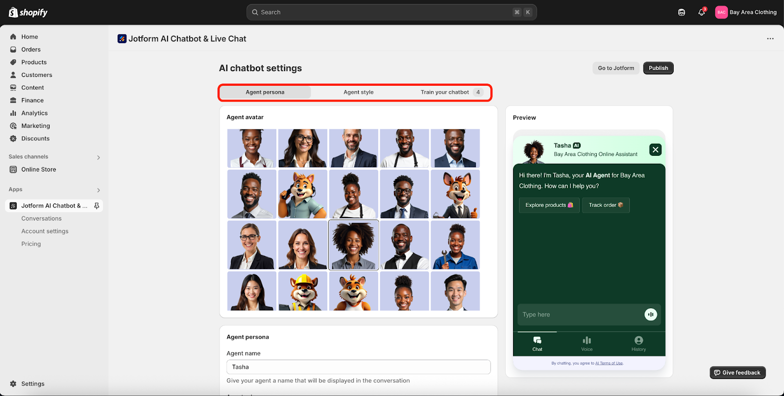 Highlighting the Agent persona, Agent style and Train your chatbot options under the AI chatbot settings