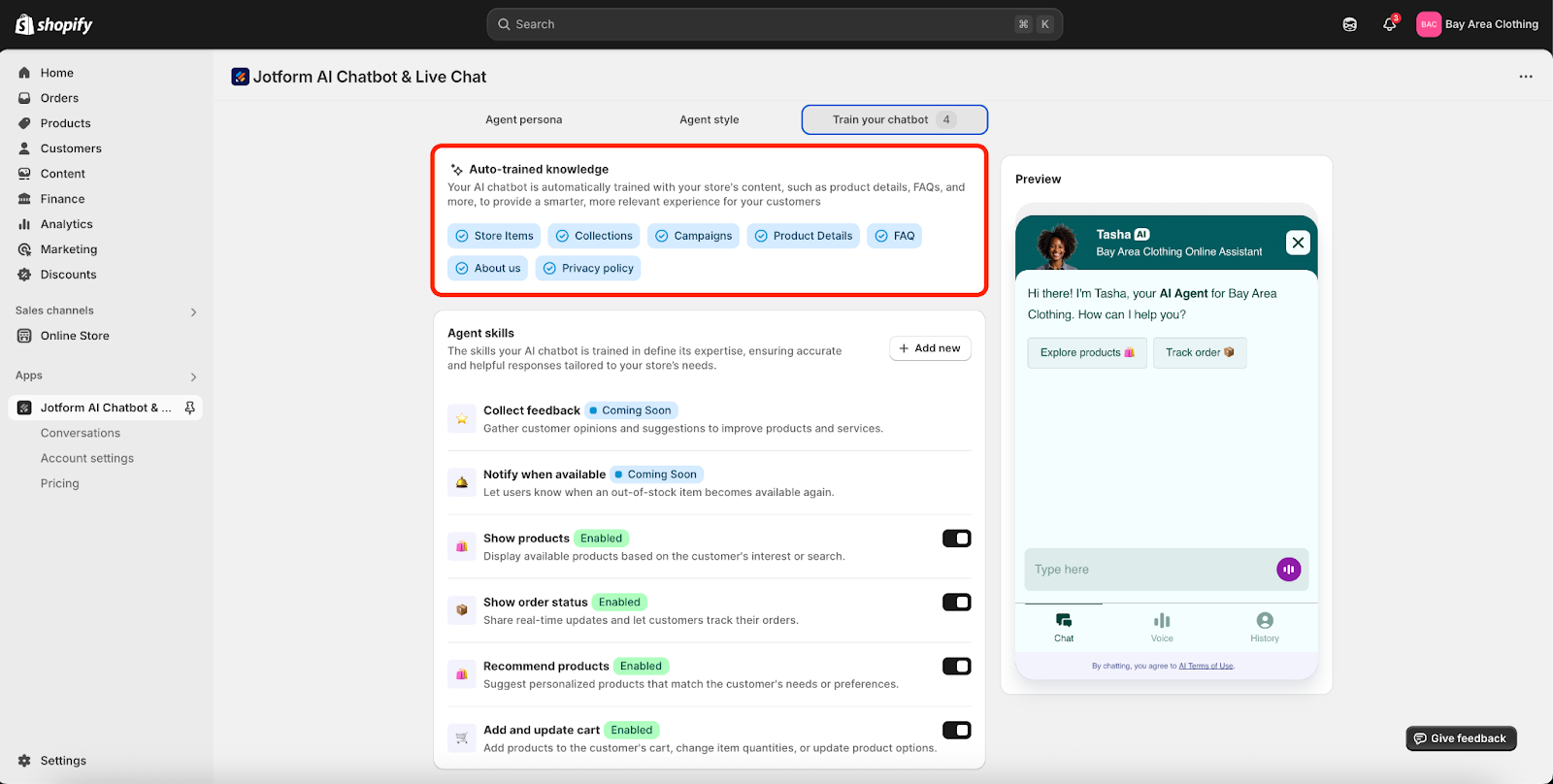 Highlighting the Auto-trained knowledge section under the Train your chatbot tab