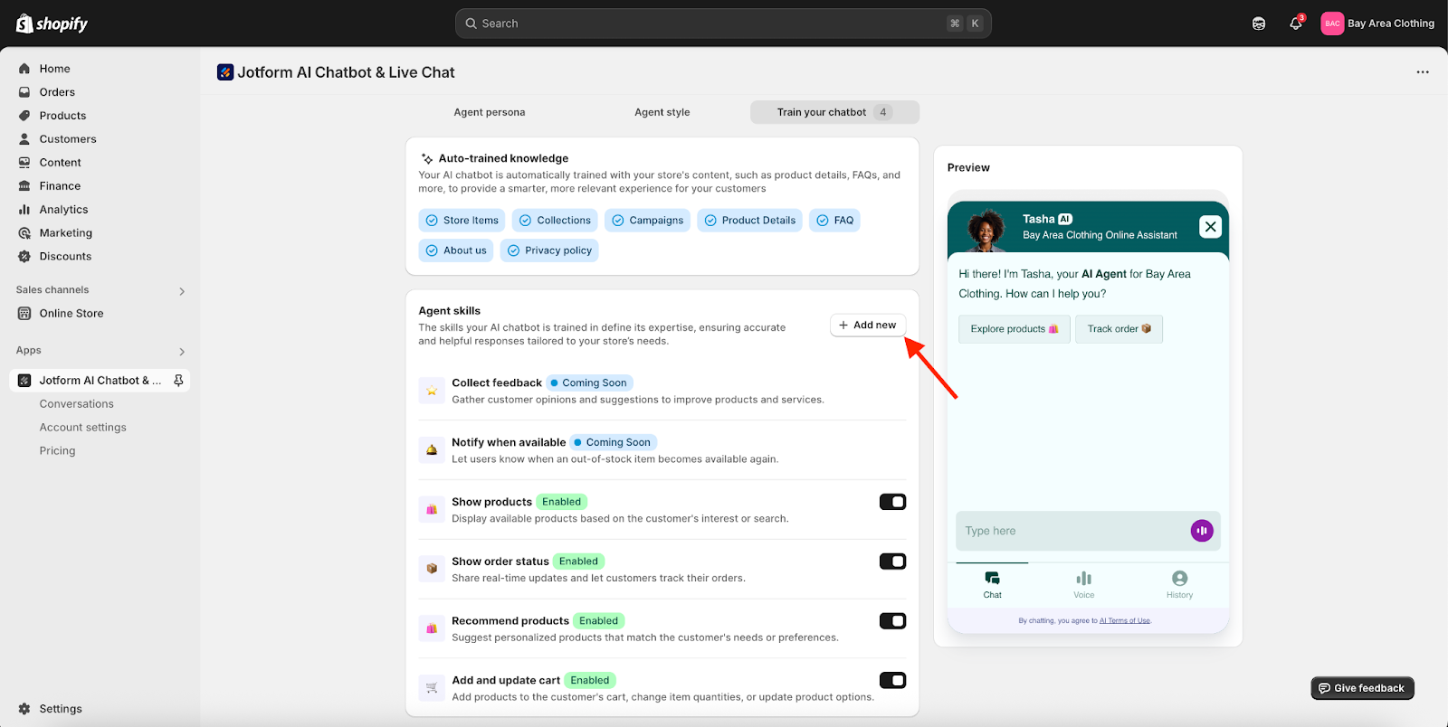 Clicking on the Add new button in the Agent skills section under Train your chatbot tab