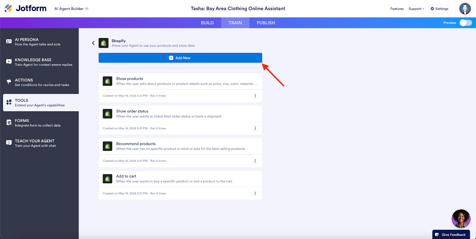 Viewing the Shopify page on the Tools tab on Jotform AI Agent Builder