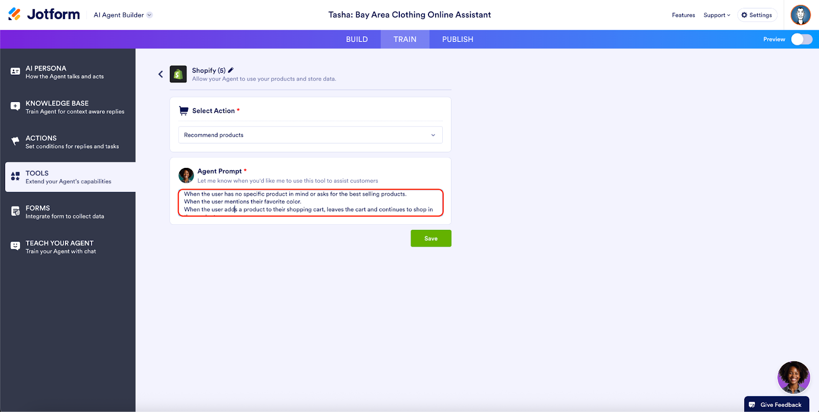 Viewing the Agent Prompt on the Shopify page in the Tools tab