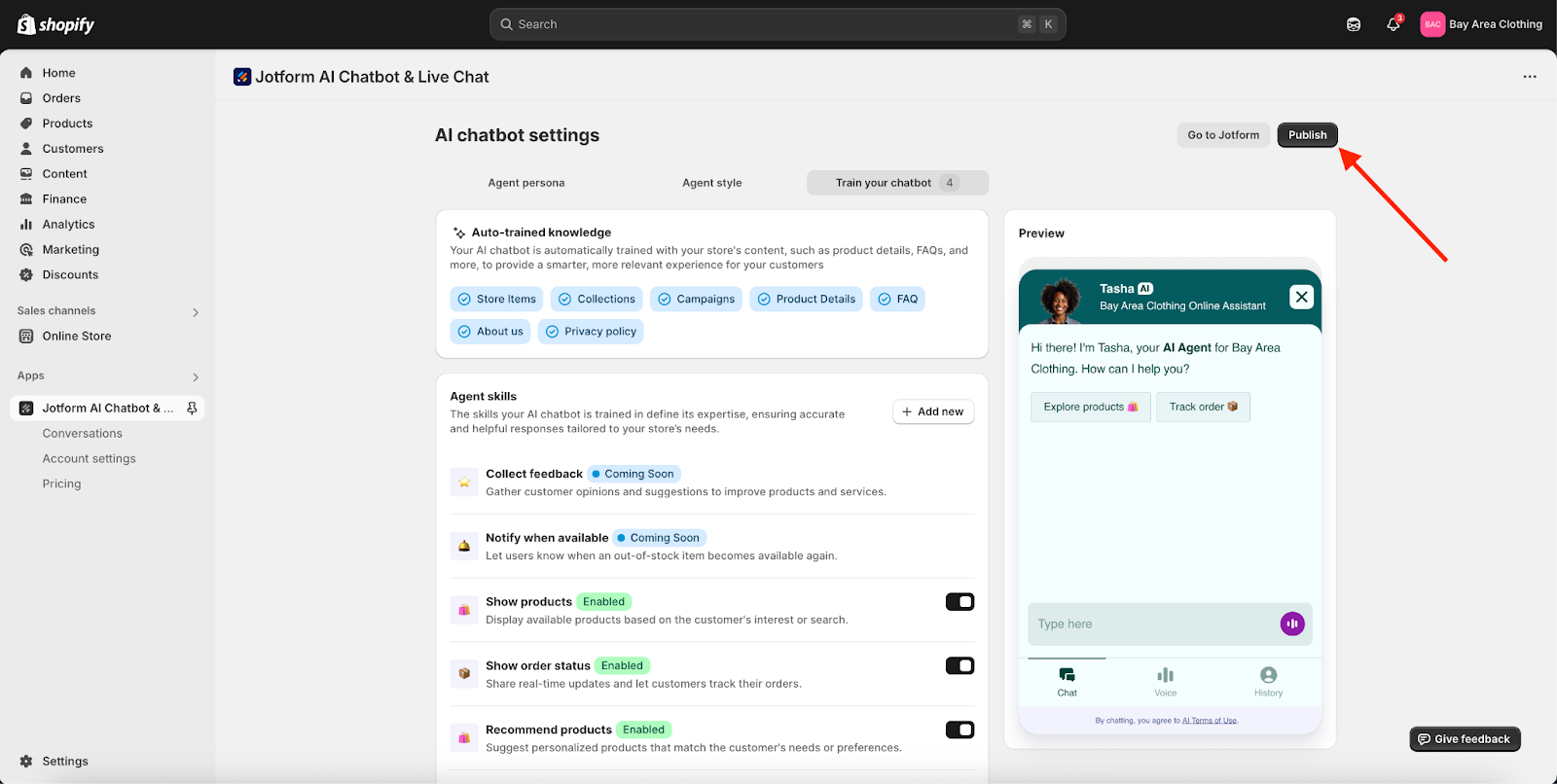 Clicking on the Publish button on the Jotform AI Chatbot page on Shopify