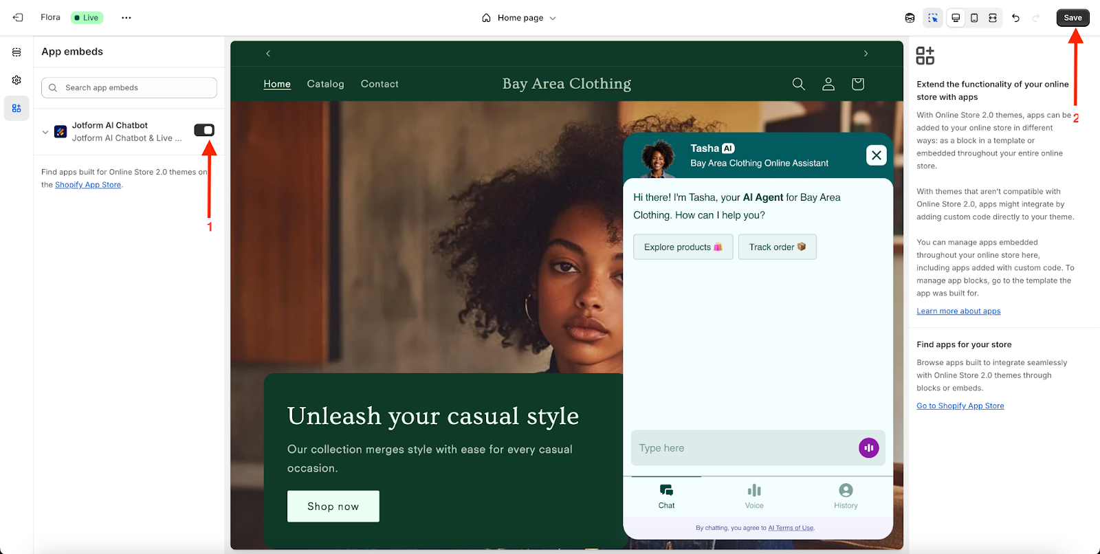 Toggling the Jotform AI Chatbot option under the App embeds tab to On and clicking on Save