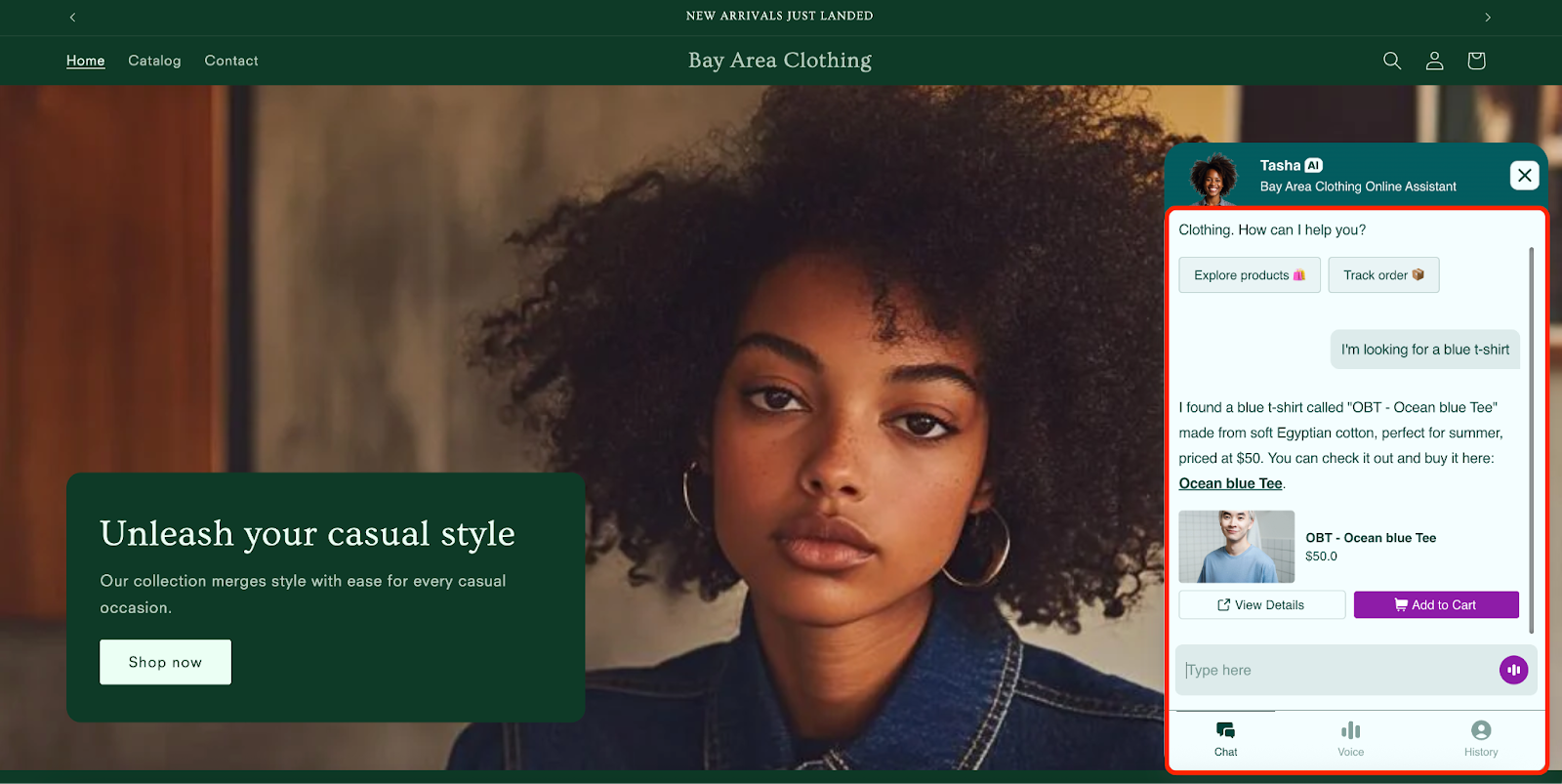 Highlighting the conversation with the Tasha AI Agent in the Shopify page
