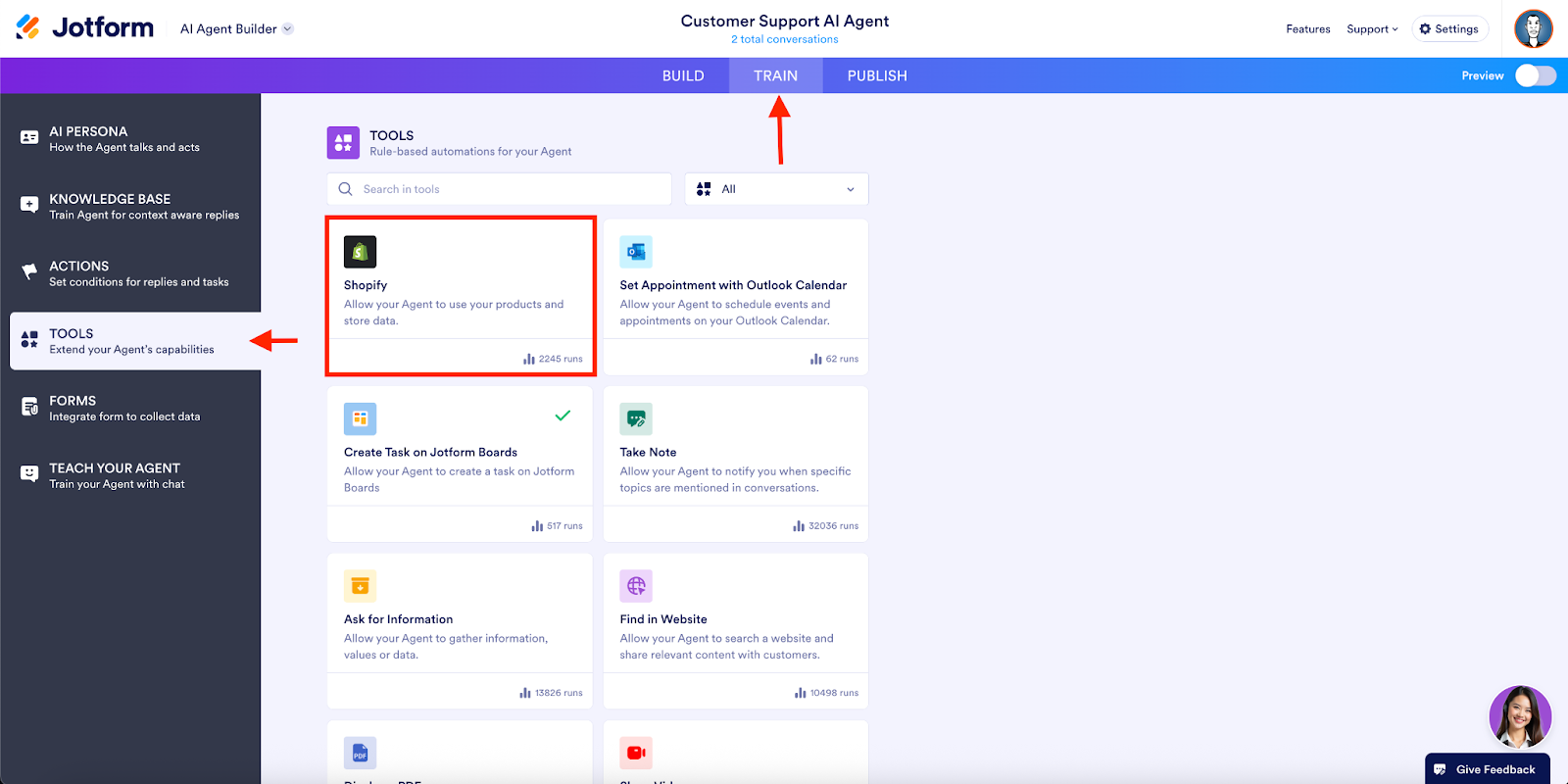 Selecting the Shopify option under the Tools tab in the Jotform AI Agent Builder