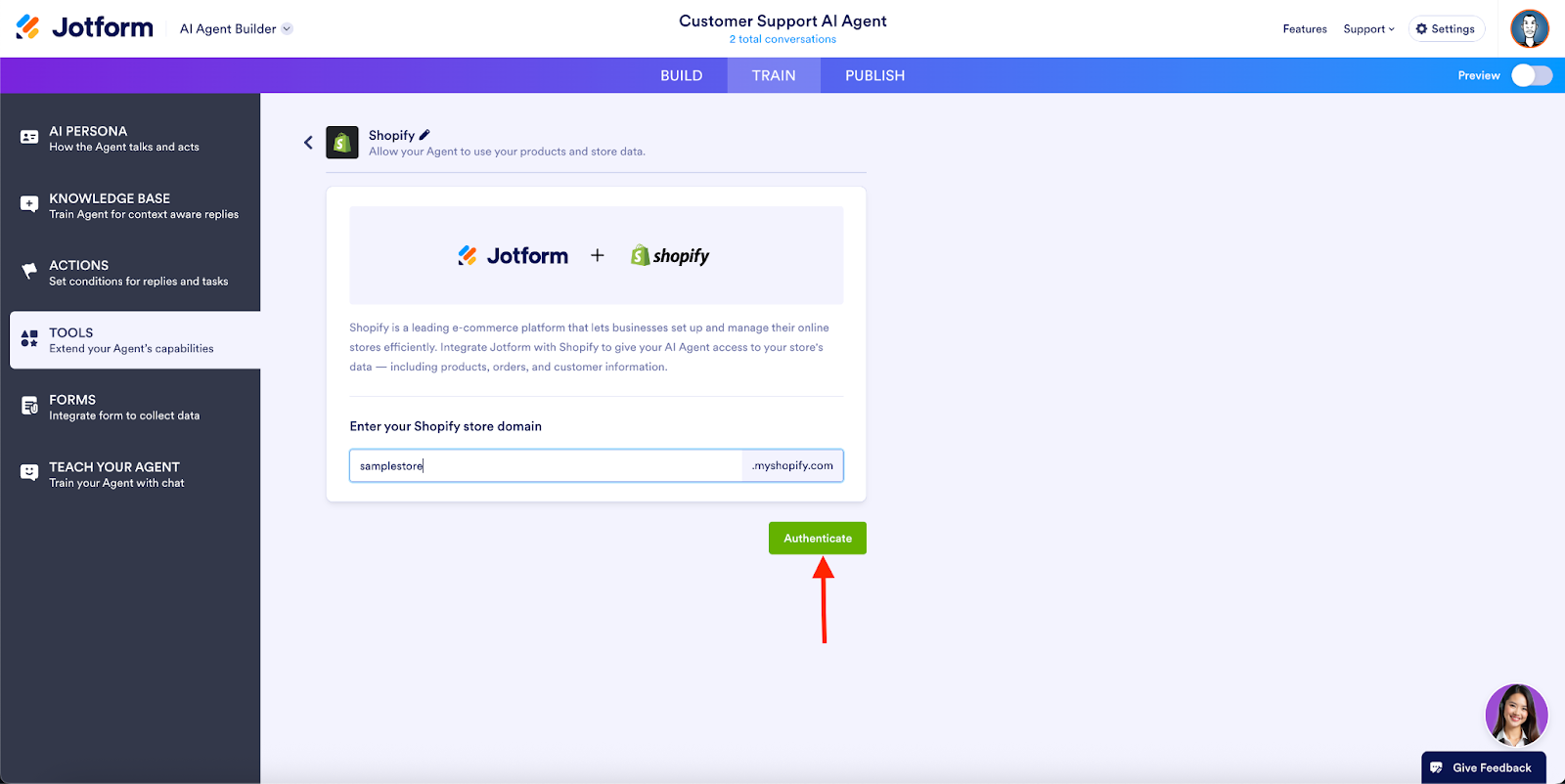 Clicking on the Authenticate button on the Shopify page in the Tools tab on Jotform AI Agent Builder