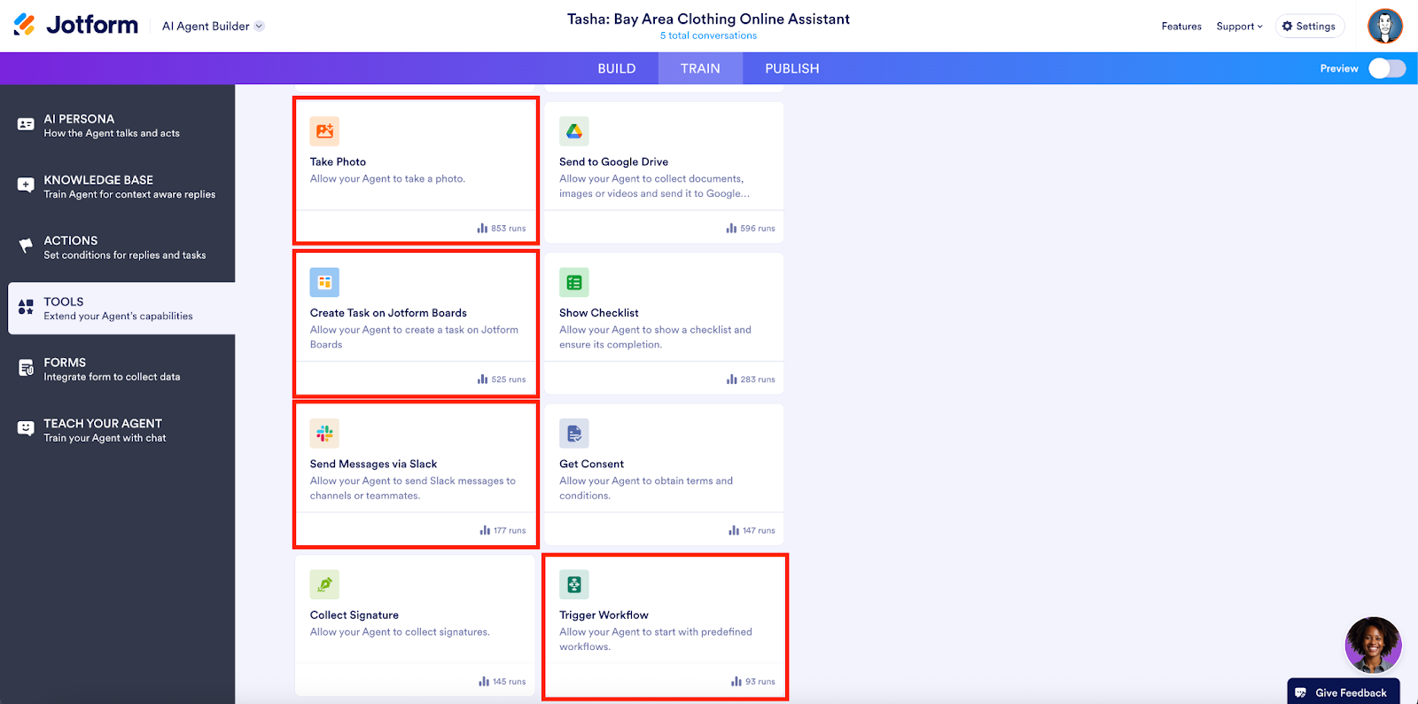 Highlighting the different options that can be taken with Jotform tools on the Jotform AI Agent Builder