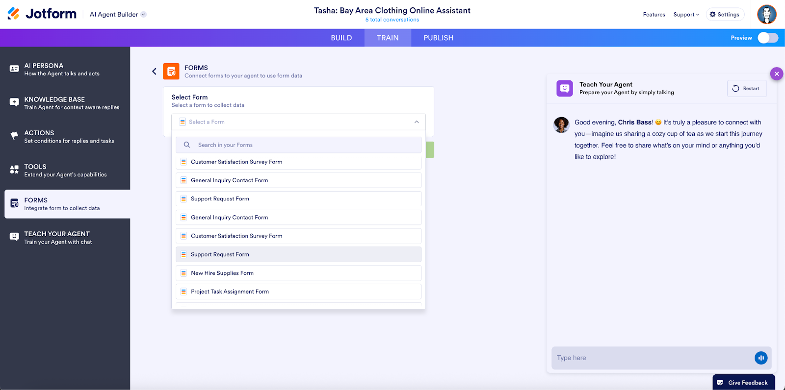 Connecting Forms with the Jotform AI Agent