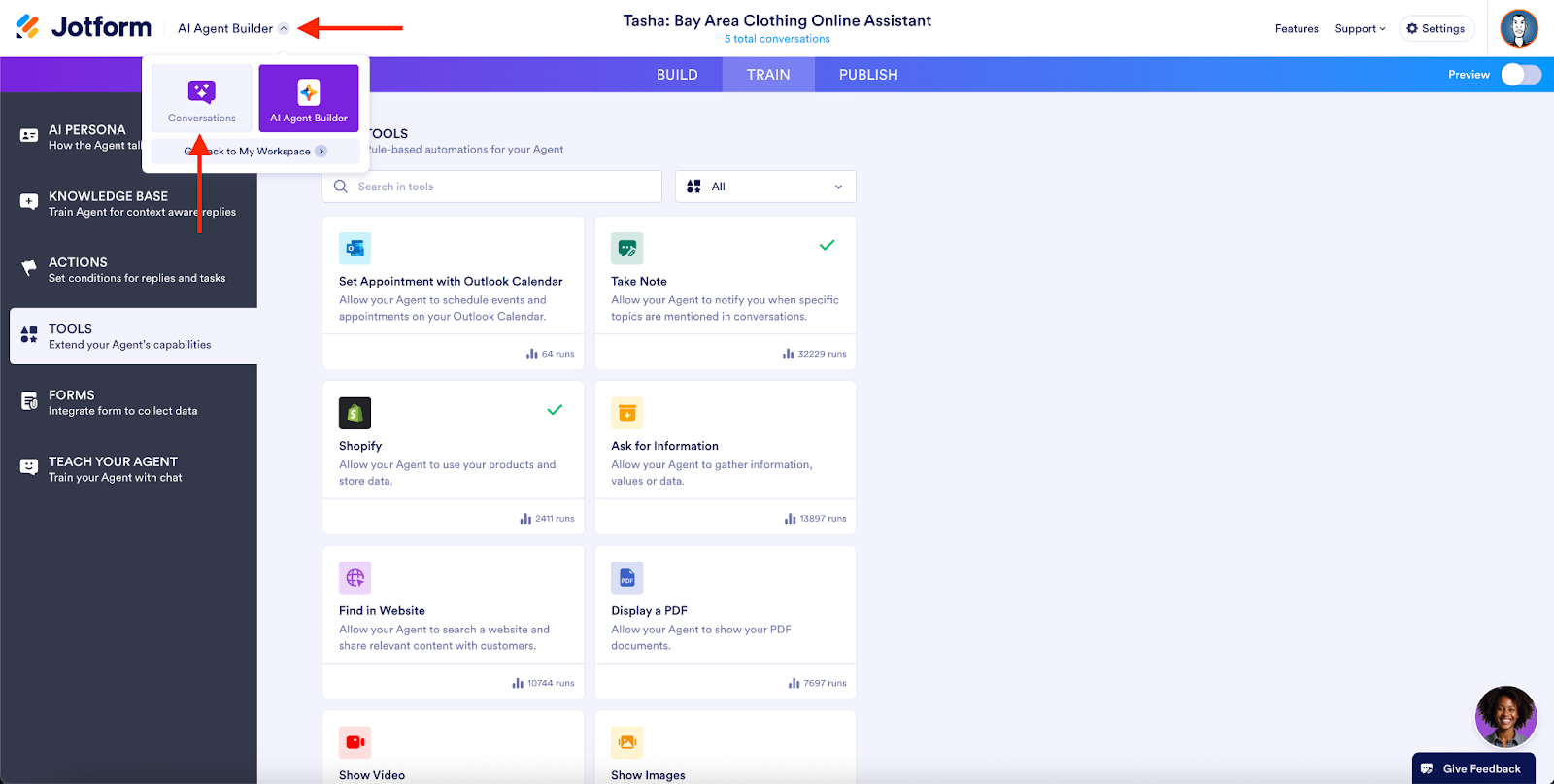 Clicking on the Conversations option under the AI Agent Builder options