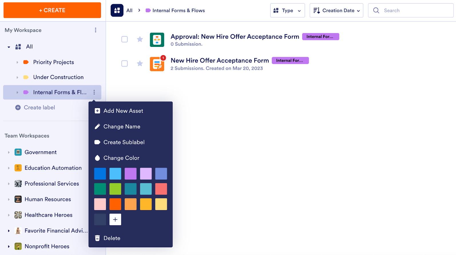 Viewing the custom color and sublabel options on My Workspace page