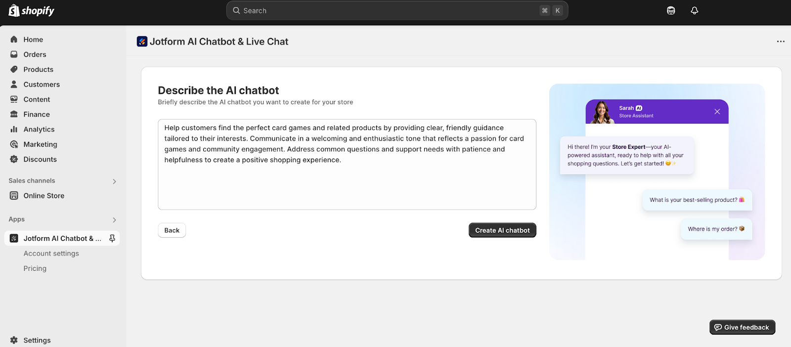 Describing the chatbot and clicking on the Create AI chatbot button