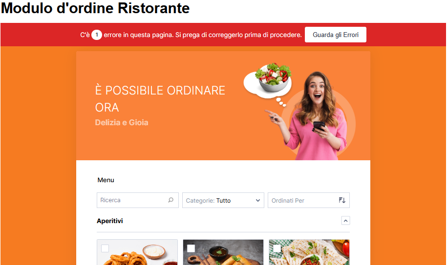 Messaggio di errore visualizzato nel modulo d'ordine del ristorante