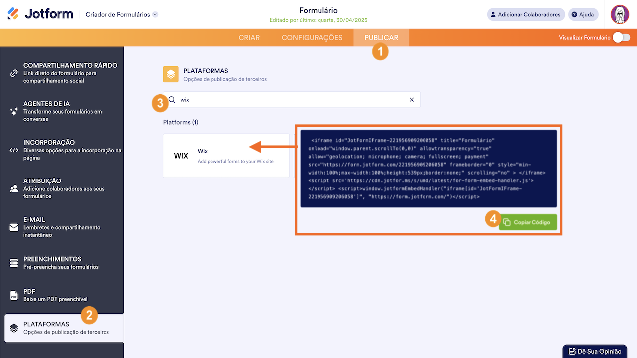 Captura de tela dos passos para gerar um código de incorporação para Wix no Criador de Formulários Jotform