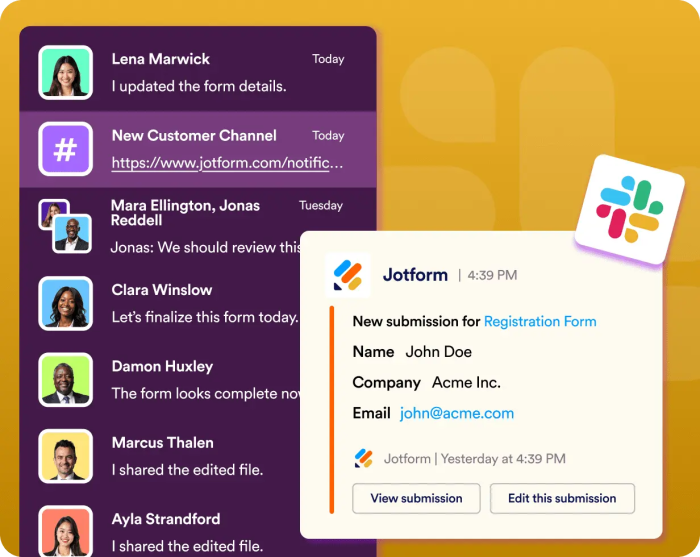 Screenshot integrazione Slack e Jotform che mostra una Notifica Moduli di Jotform