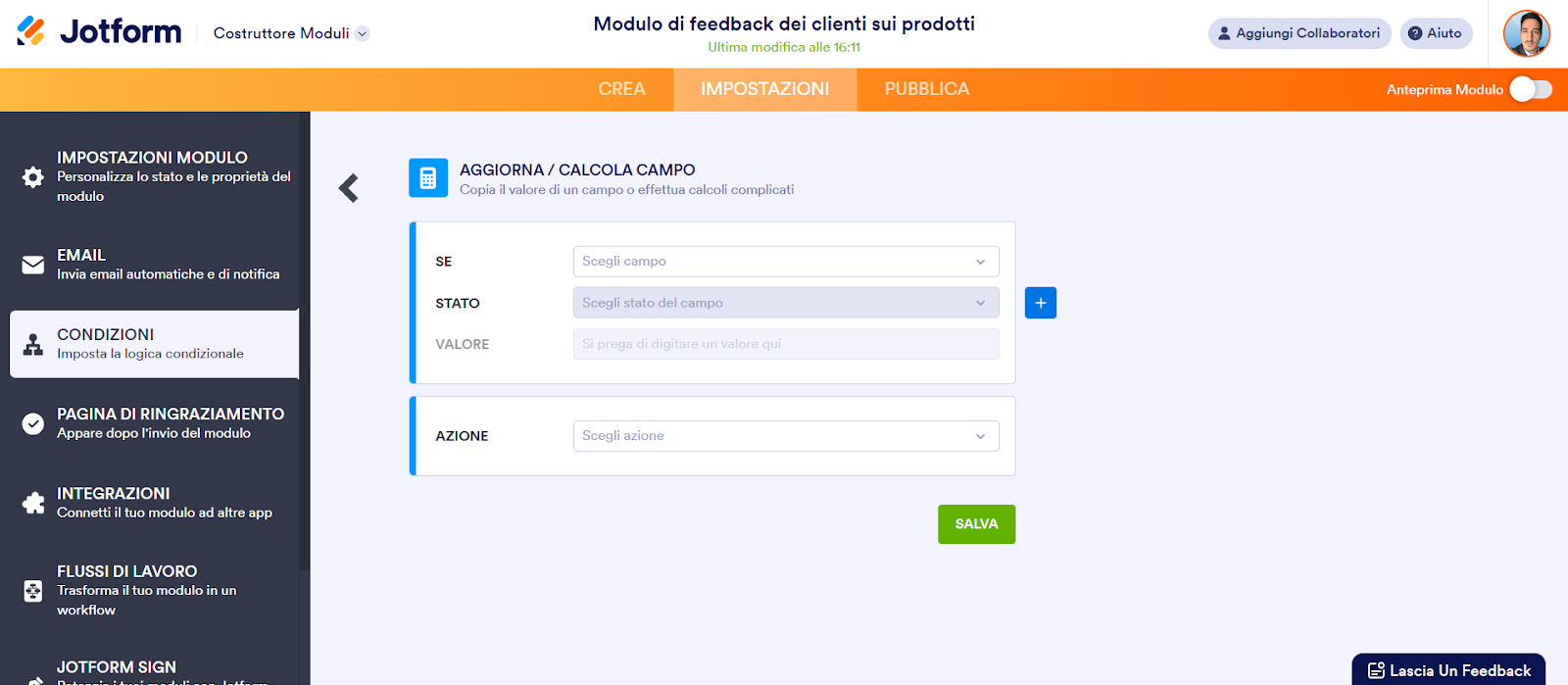 Impostando una condizione Aggiorna/calcola campo nel Costruttore di Moduli Jotform