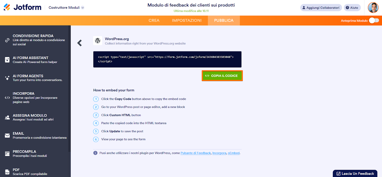 Codice di incorporamento modulo per WordPress