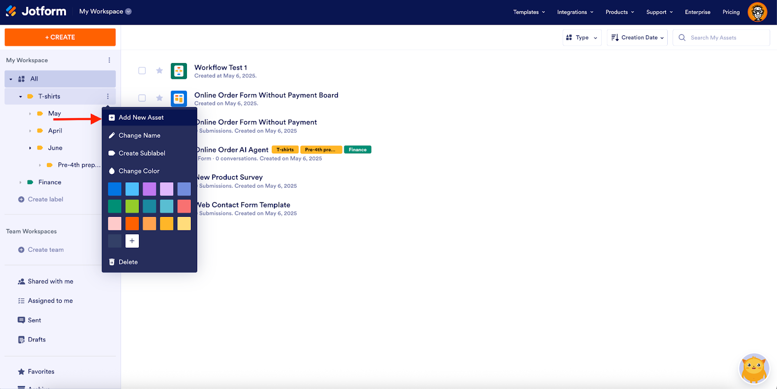 Clicking on the three-dots and then selecting Add new Asset on My Workspace page