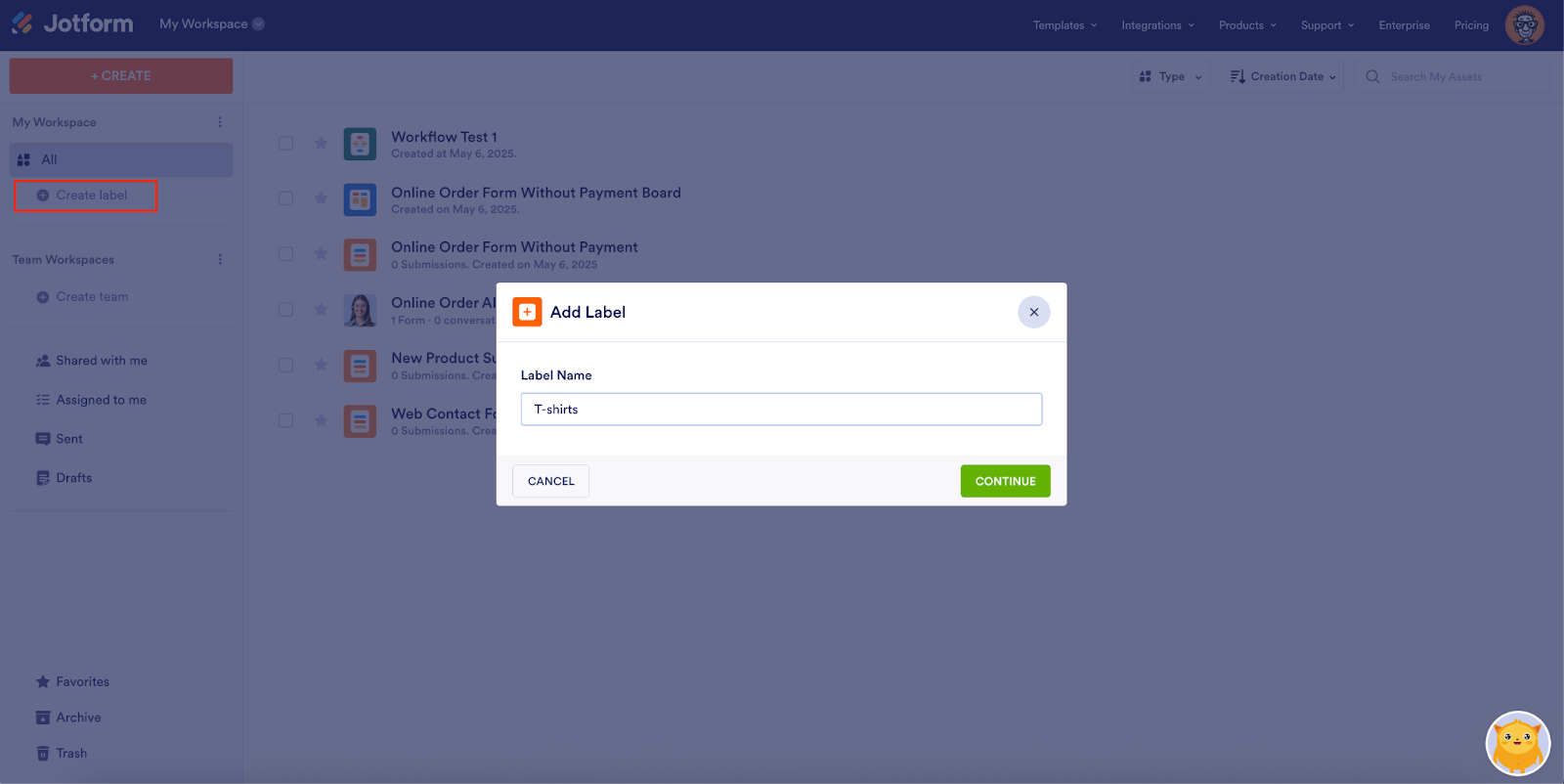 Clicking on Create label and filling out the label name on the Add Label window