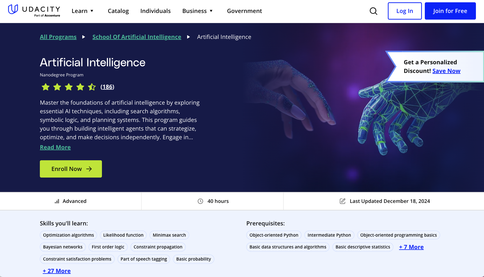 Artificial Intelligence Nanodegree Program in Udacity